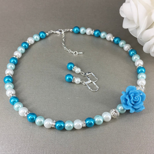 Ocean Inspired Shades of Blue Resin Flower Necklace Bracelet Earrings
