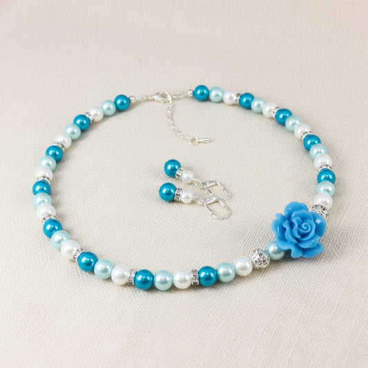 Ocean Inspired Shades of Blue Resin Flower Necklace Bracelet Earrings
