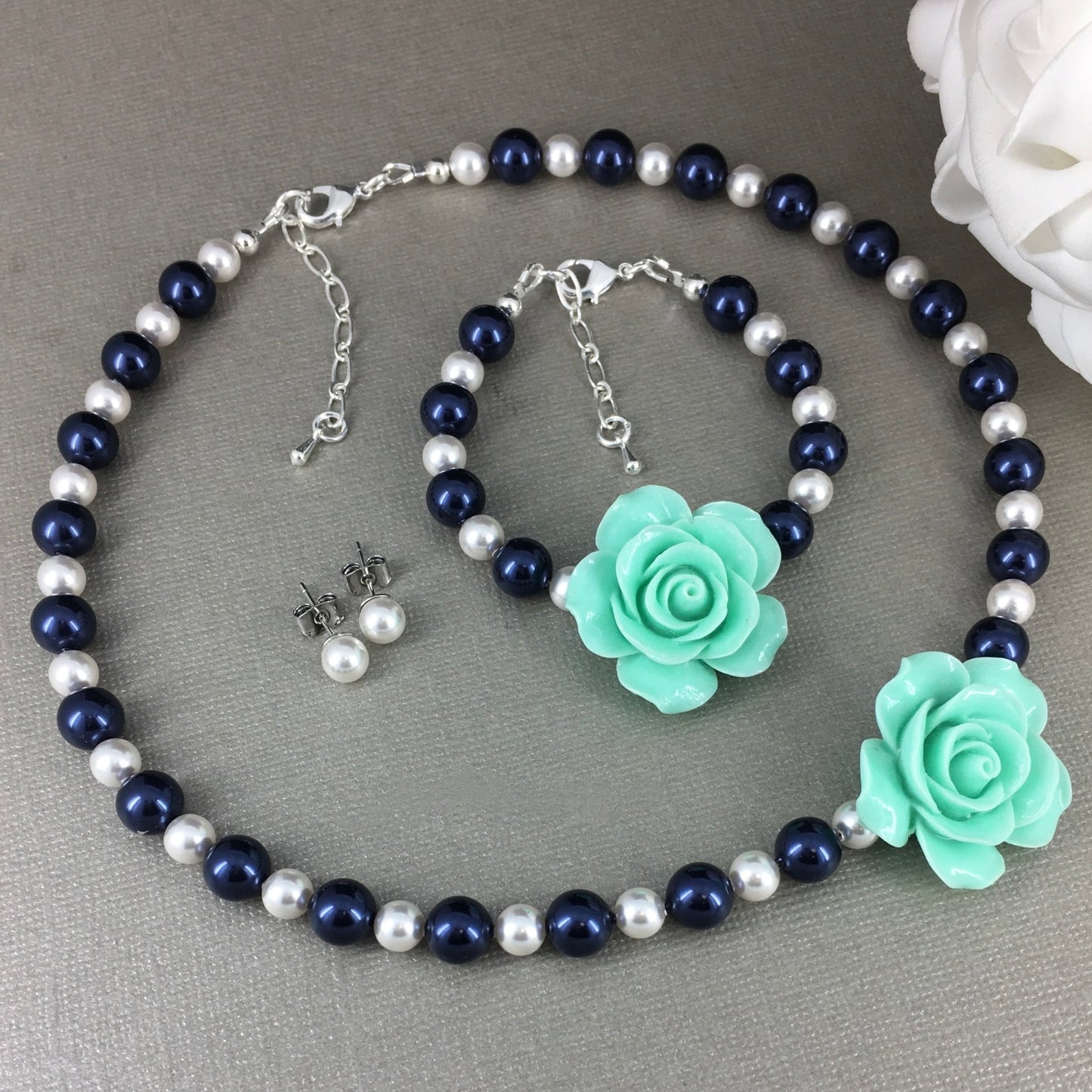 Mint Green Rose Navy Blue and White Pearl Necklace Bracelet Stud Earrings