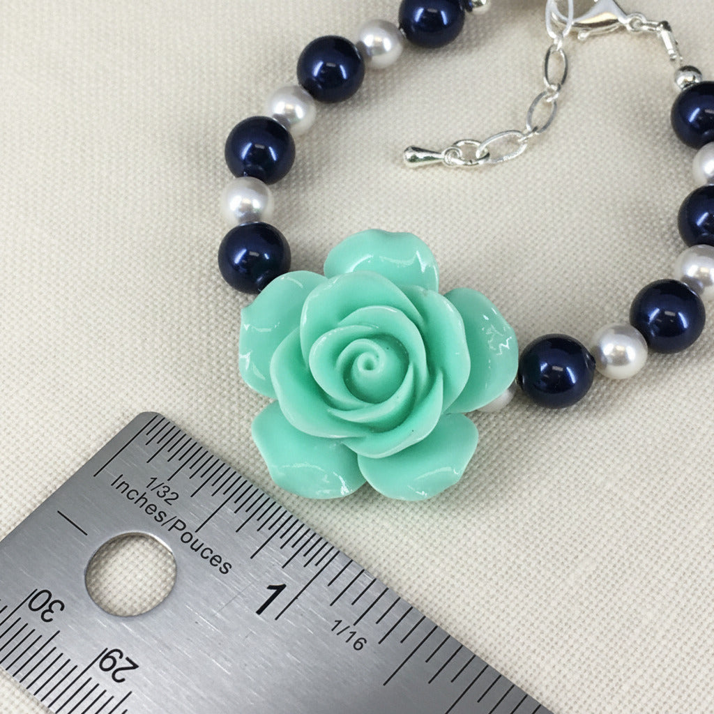 Mint Green Rose Navy Blue and White Pearl Necklace Bracelet Stud Earrings