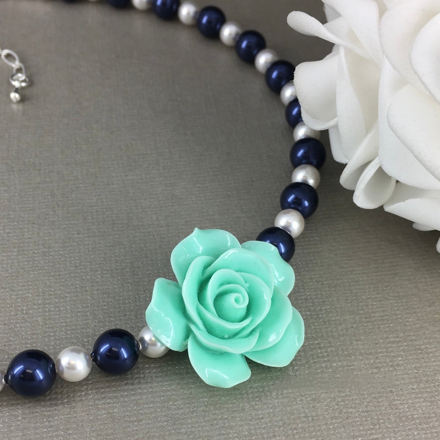 Mint Green Rose Navy Blue and White Pearl Necklace Bracelet Stud Earrings