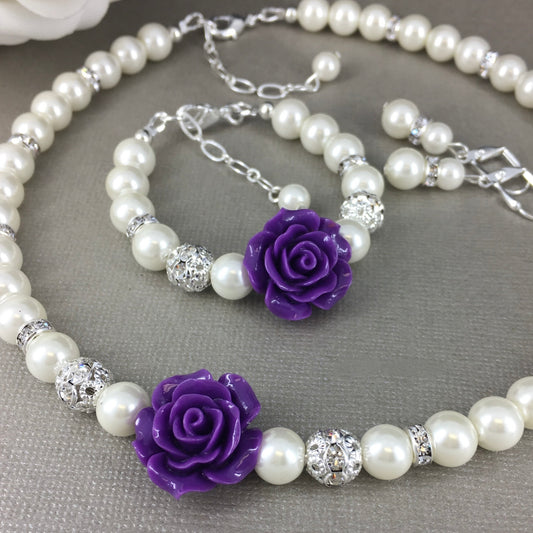 Dark Purple Plum Rose Pearl Necklace Bracelet Earrings