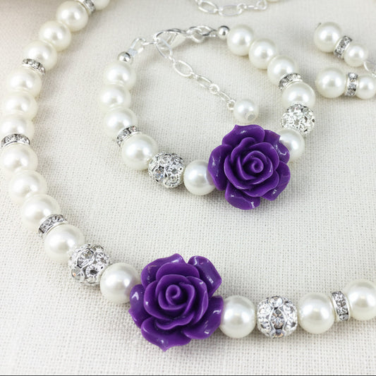 Dark Purple Plum Rose Pearl Necklace Bracelet Earrings