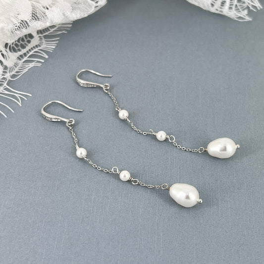 Bridal Wedding Linear Pearl Drop Long Earrings