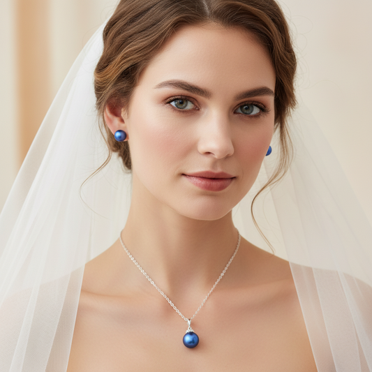 Wedding Bridal Royal Blue Pearl Necklace and Stud Earrings Set
