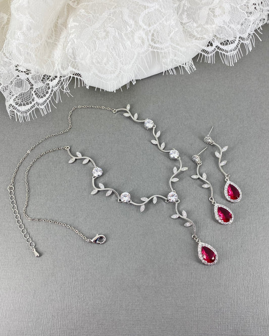 Wedding Bridal 2pcs CZ Red Christmas Necklace and Earrings Set