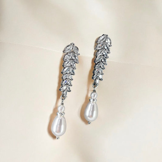 Wedding Bridal Silver Cubic Marquise and Pearl Earrings
