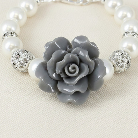 Gray Flower Rose Pearl Necklace Bracelet Earrings