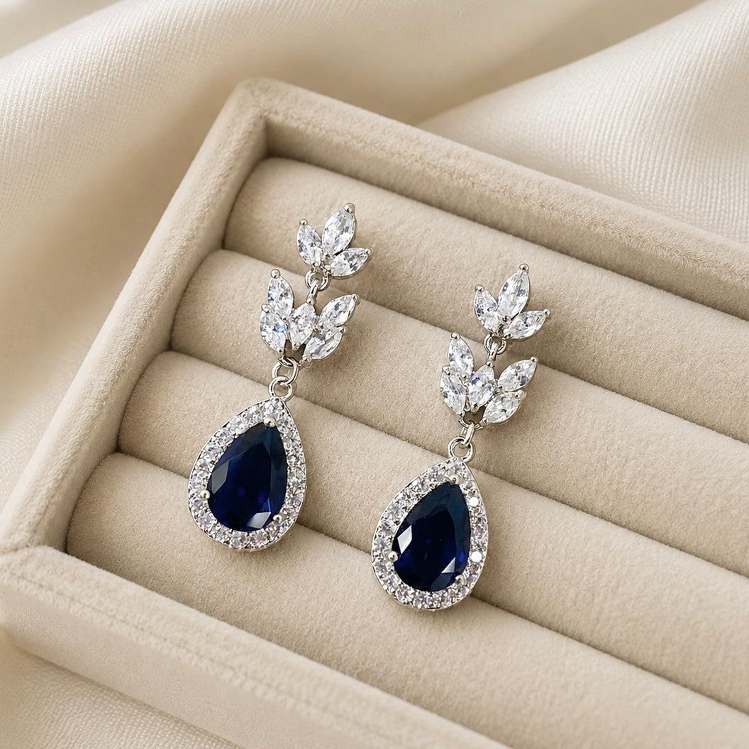 Wedding Bridal Something Blue CZ Floral Earrings