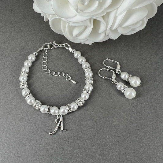 Silver Initial Charm and White Pearl Flower Girl Bracelet Earrings Set Wedding Gift