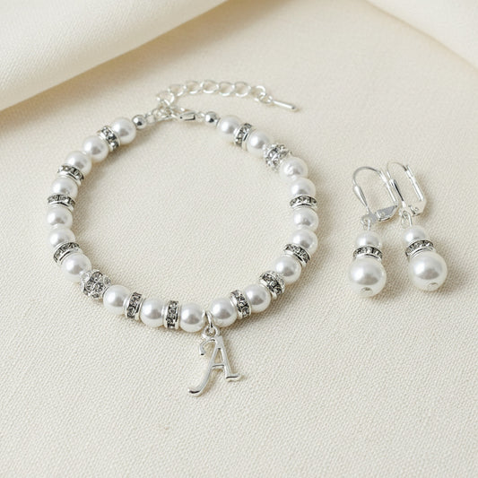 Silver Initial Charm and White Pearl Flower Girl Bracelet Earrings Set Wedding Gift