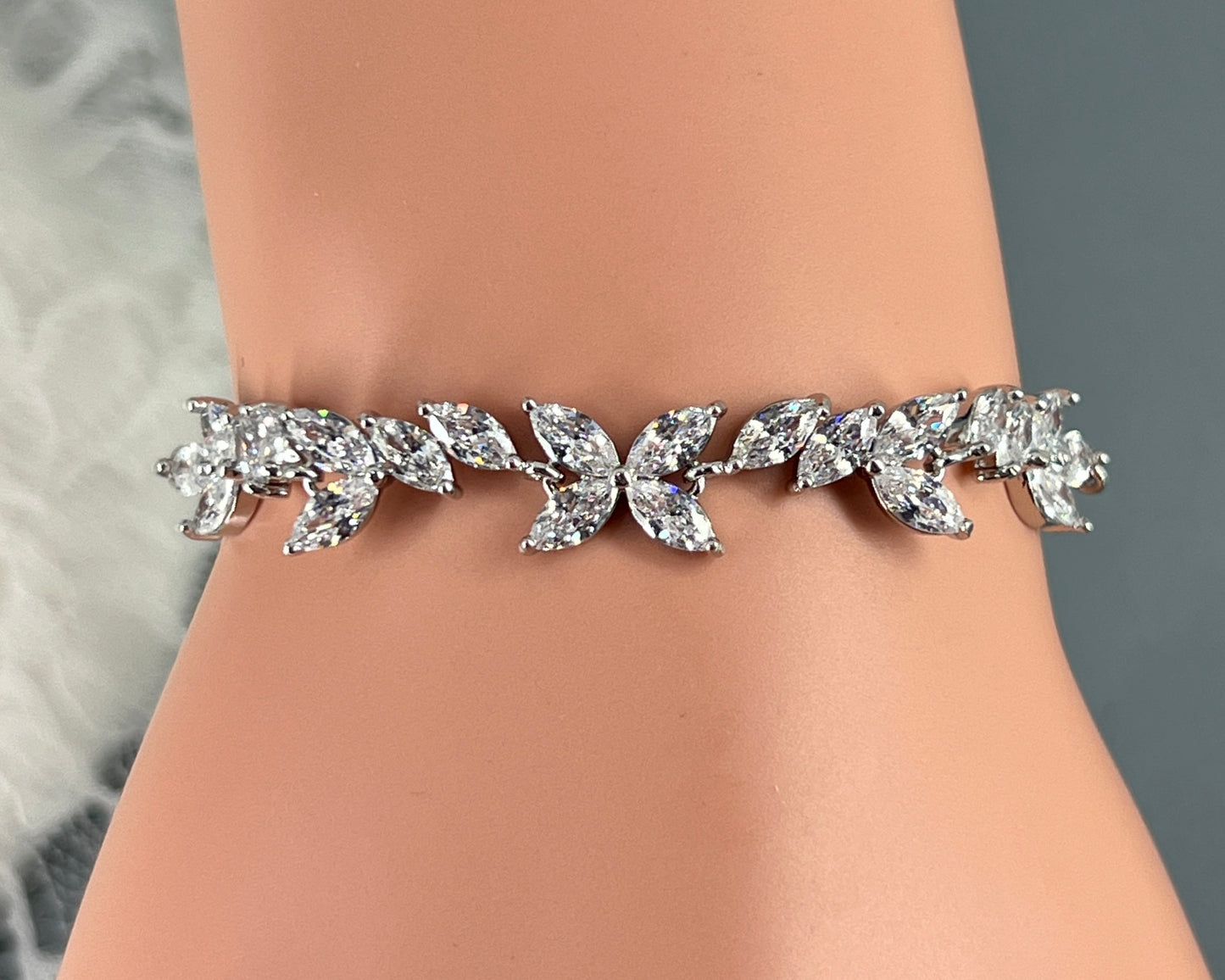 Wedding Bridal Cubic CZ Floral Adjustable Bracelet