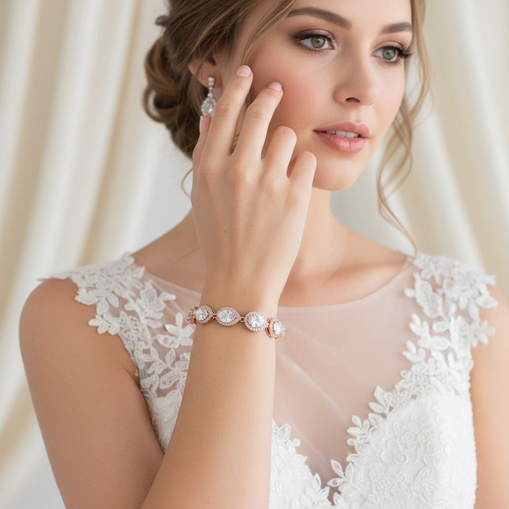 Wedding Bridal Cubic Rose Gold Plated Full Teardrop Bracelet