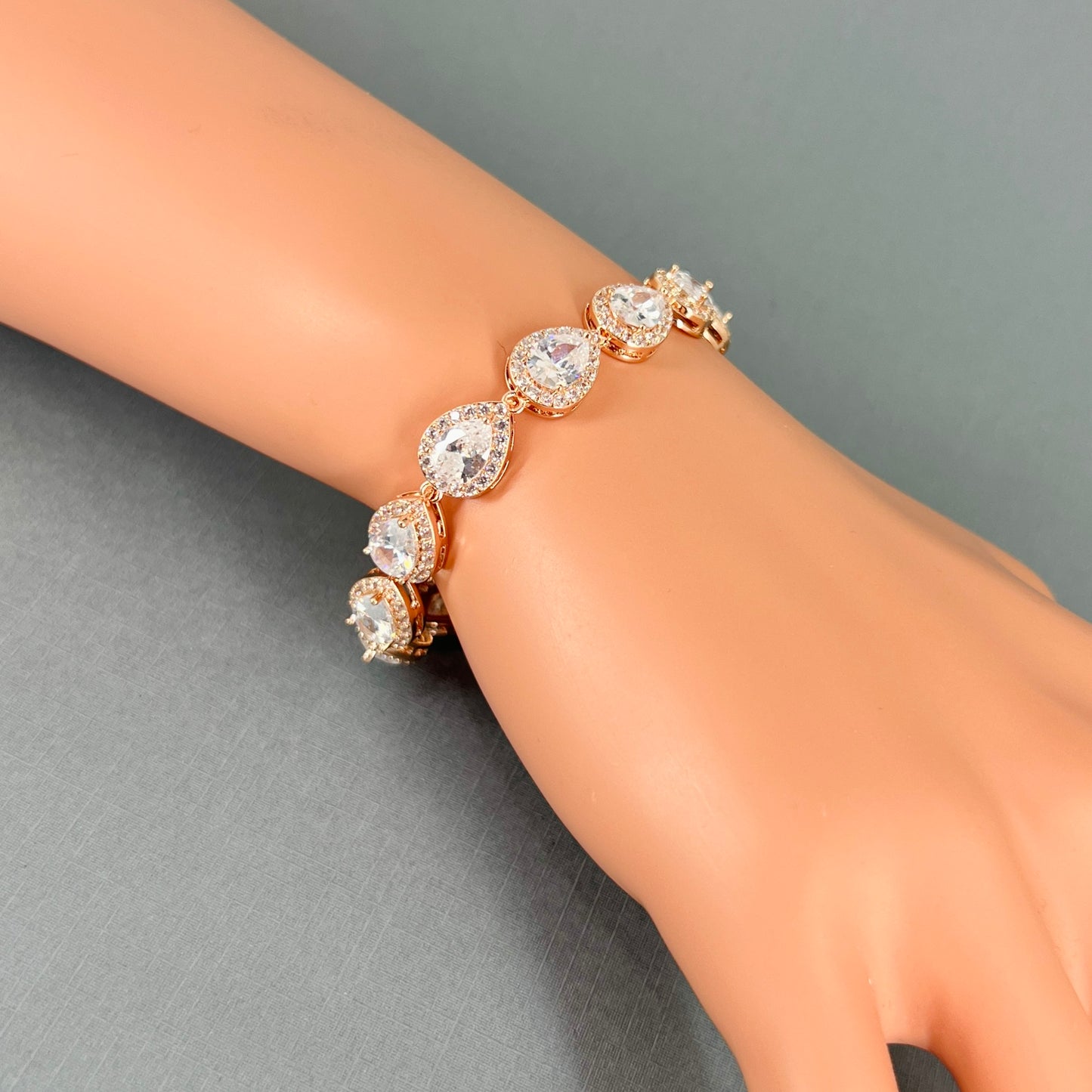 Wedding Bridal Cubic Rose Gold Plated Full Teardrop Bracelet