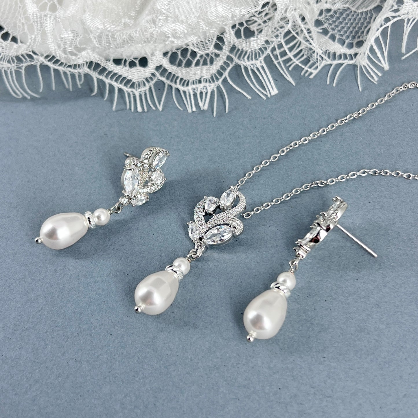 Bridal Wedding Marquise Floral Pearl Drop Earrings