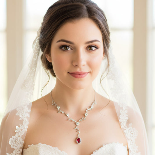 Wedding Bridal 2pcs CZ Red Christmas Necklace and Earrings Set