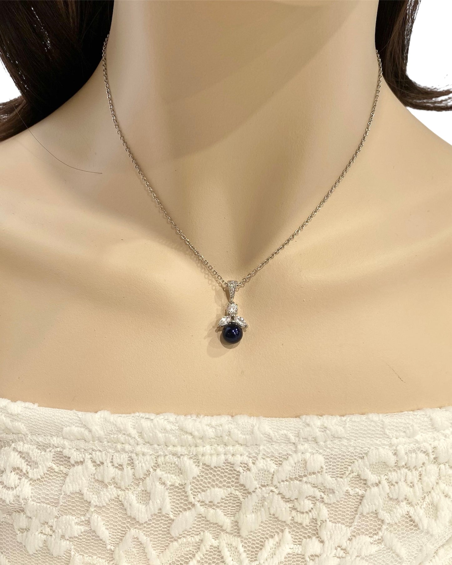 Wedding Bridal 2pcs Floral and Blue Pearl Necklace and Earrings Set