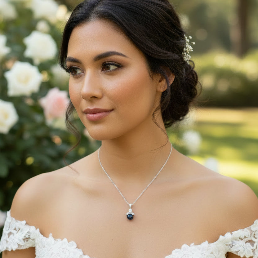Navy Blue Pearl Bridal Necklace and Earrings Set