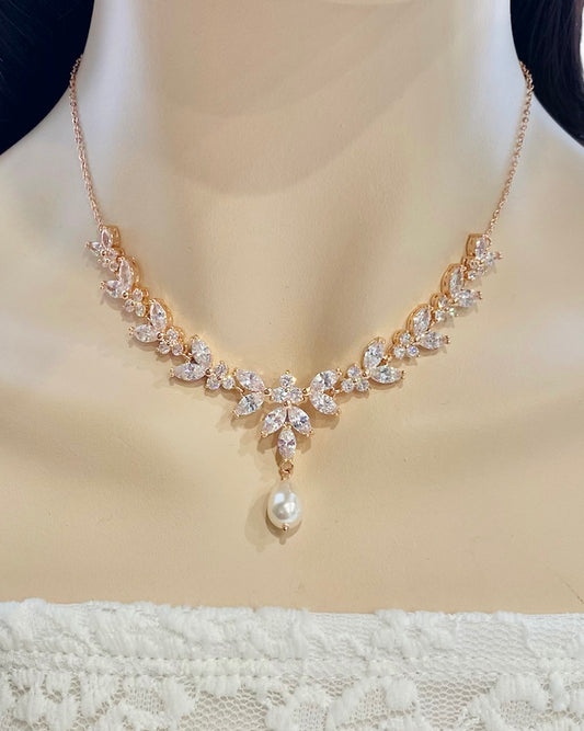 Wedding Bridal 2pcs Floral and Pearl Backdrop CZ Necklace and Earrings Set