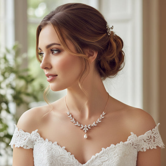 Wedding Bridal 2pcs Floral and Pearl Backdrop CZ Necklace and Earrings Set