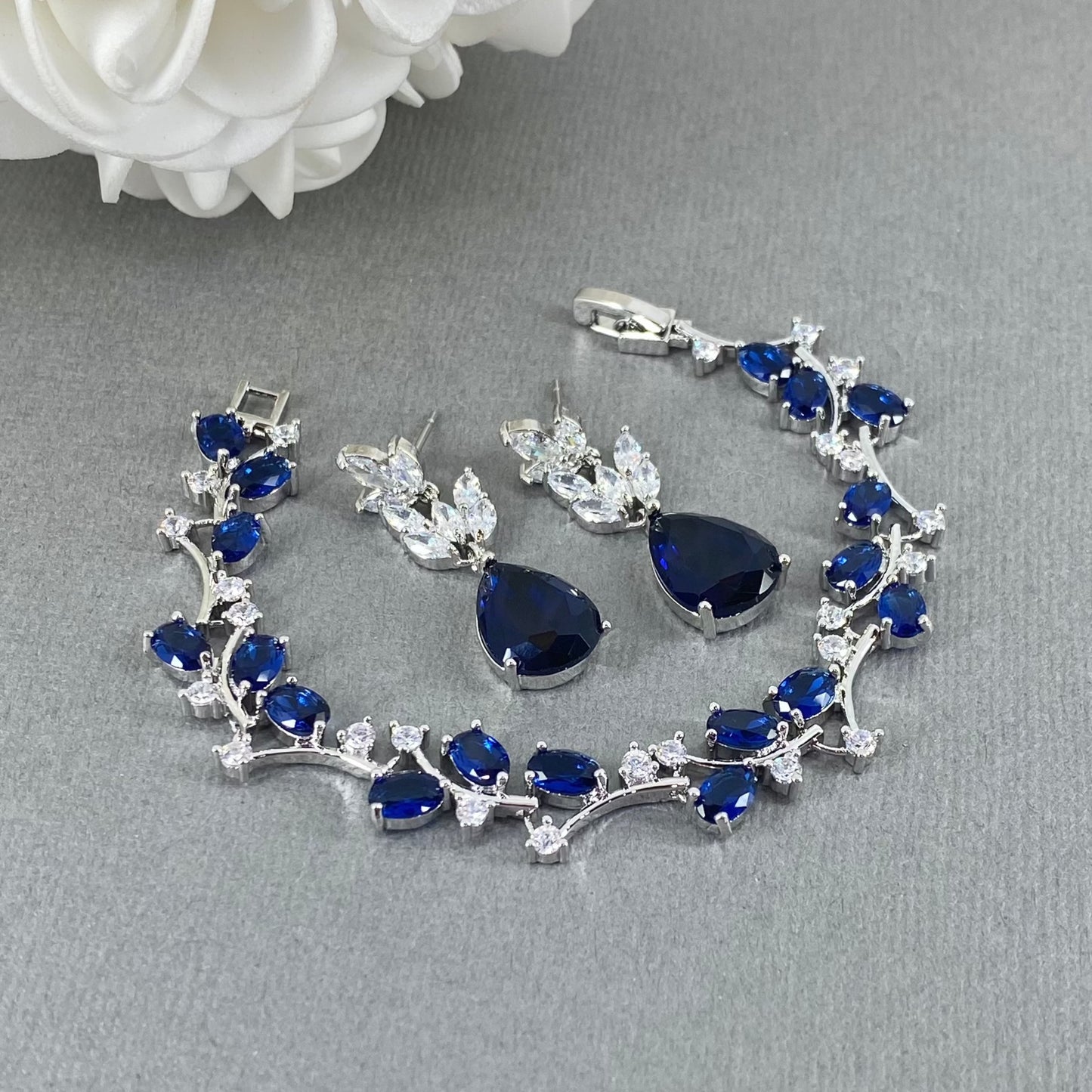 Ella CZ Floral Sapphire Blue Bracelet and Earrings Set