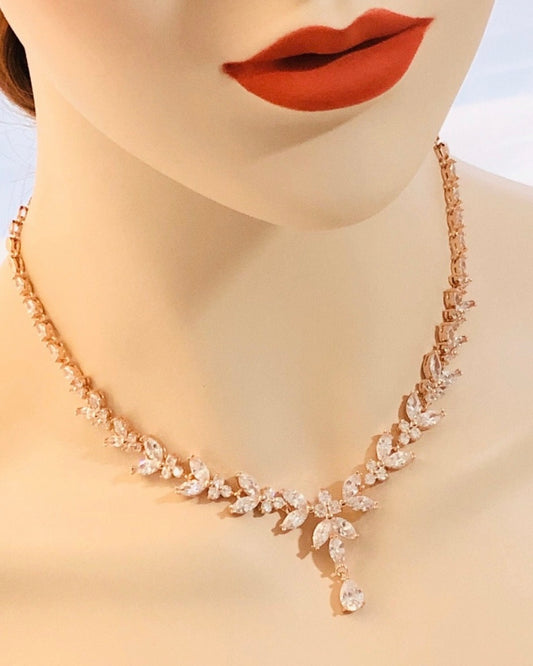 Bridal Wedding CZ Rose Gold Plated Statement Backdrop Necklace