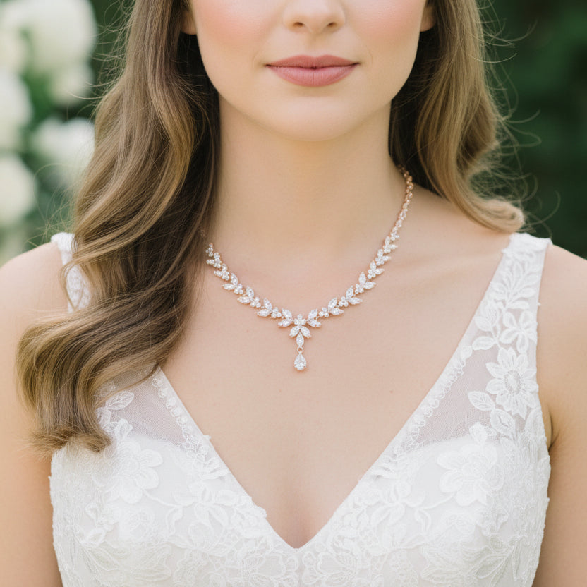 Bridal Wedding CZ Rose Gold Plated Statement Backdrop Necklace