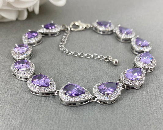 Wedding Bridesmaids CZ Amethyst Purple Full Teardrop Bridal Bracelet
