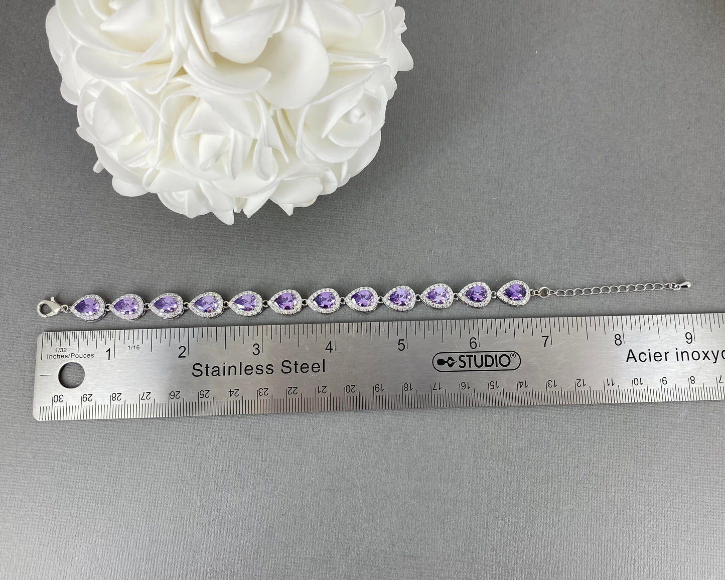 Wedding Bridesmaids CZ Amethyst Purple Full Teardrop Bridal Bracelet