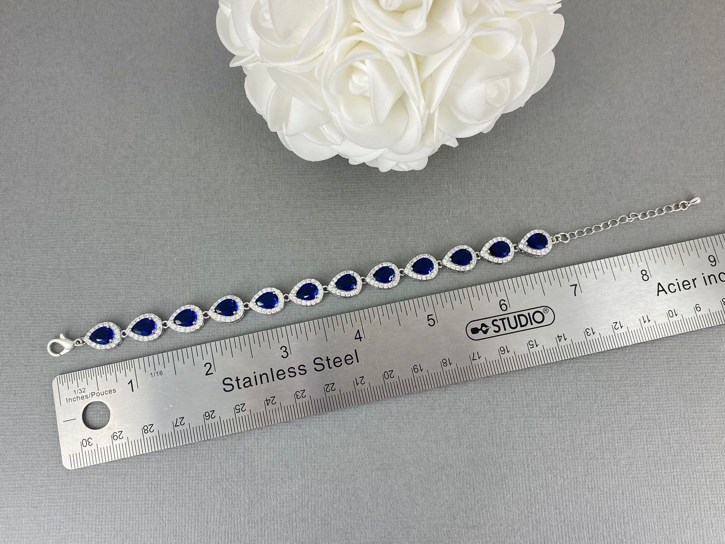 Wedding Bridal Cubic 18K Gold Plated Sapphire Blue Teardrop Bracelet