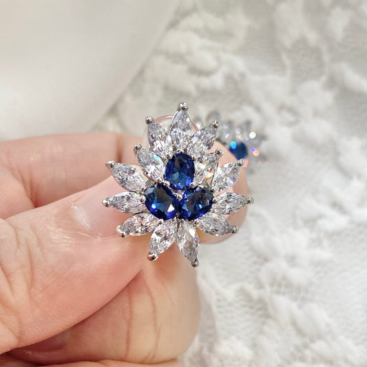 Wedding Bridal CZ Something Blue Flower Clip-on Earrings