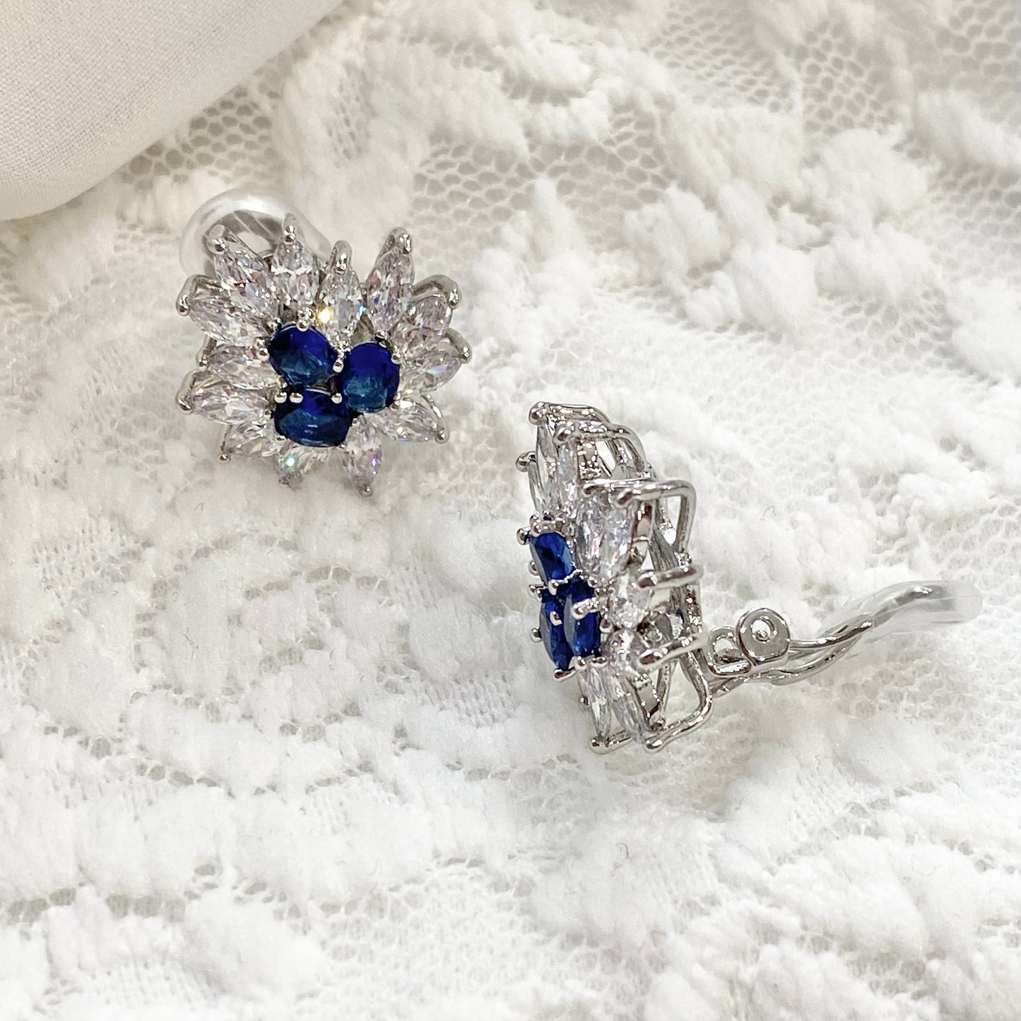 Macie CZ Something Blue Flower Clip-on Earrings
