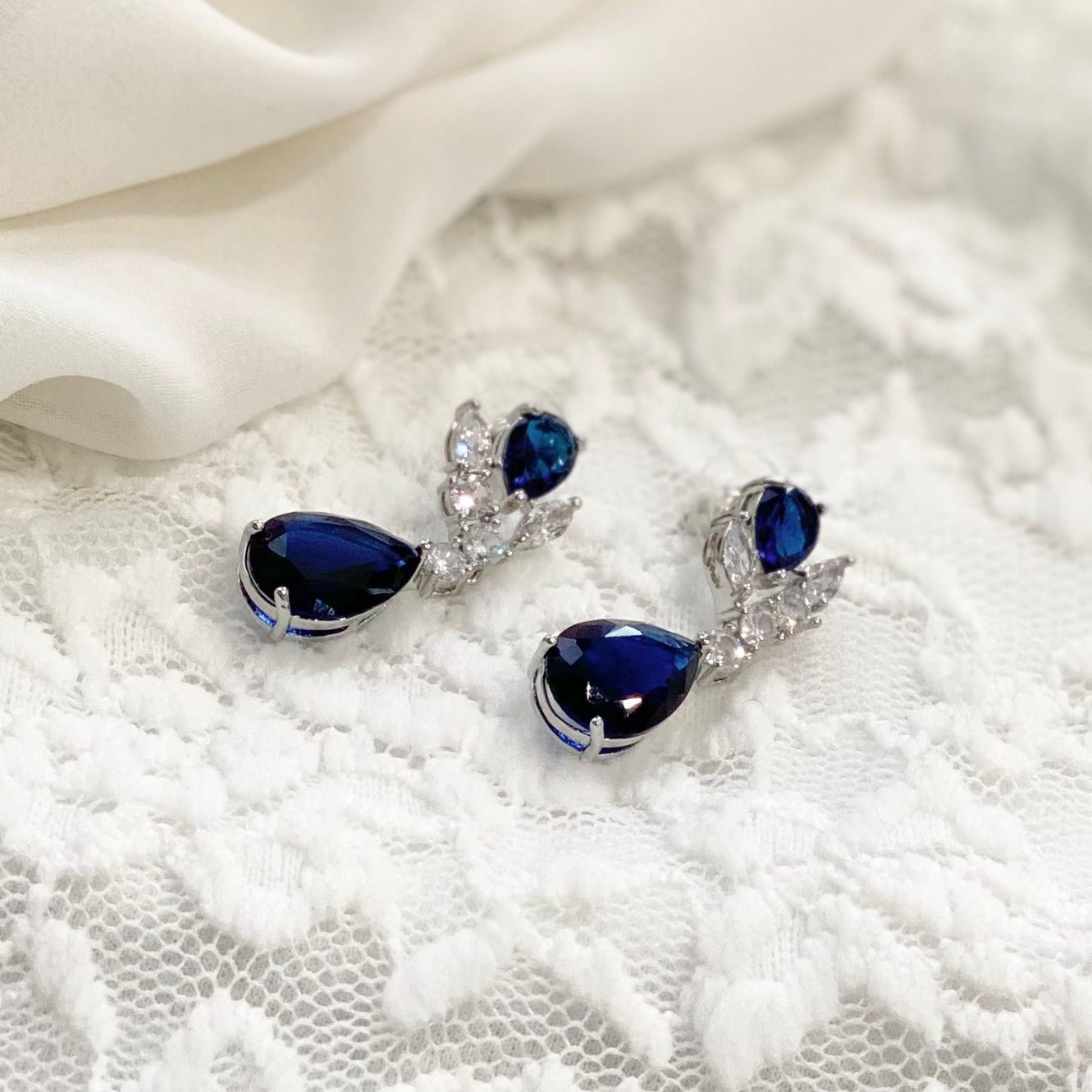 Wedding Bridal Something Blue CZ Floral Earrings