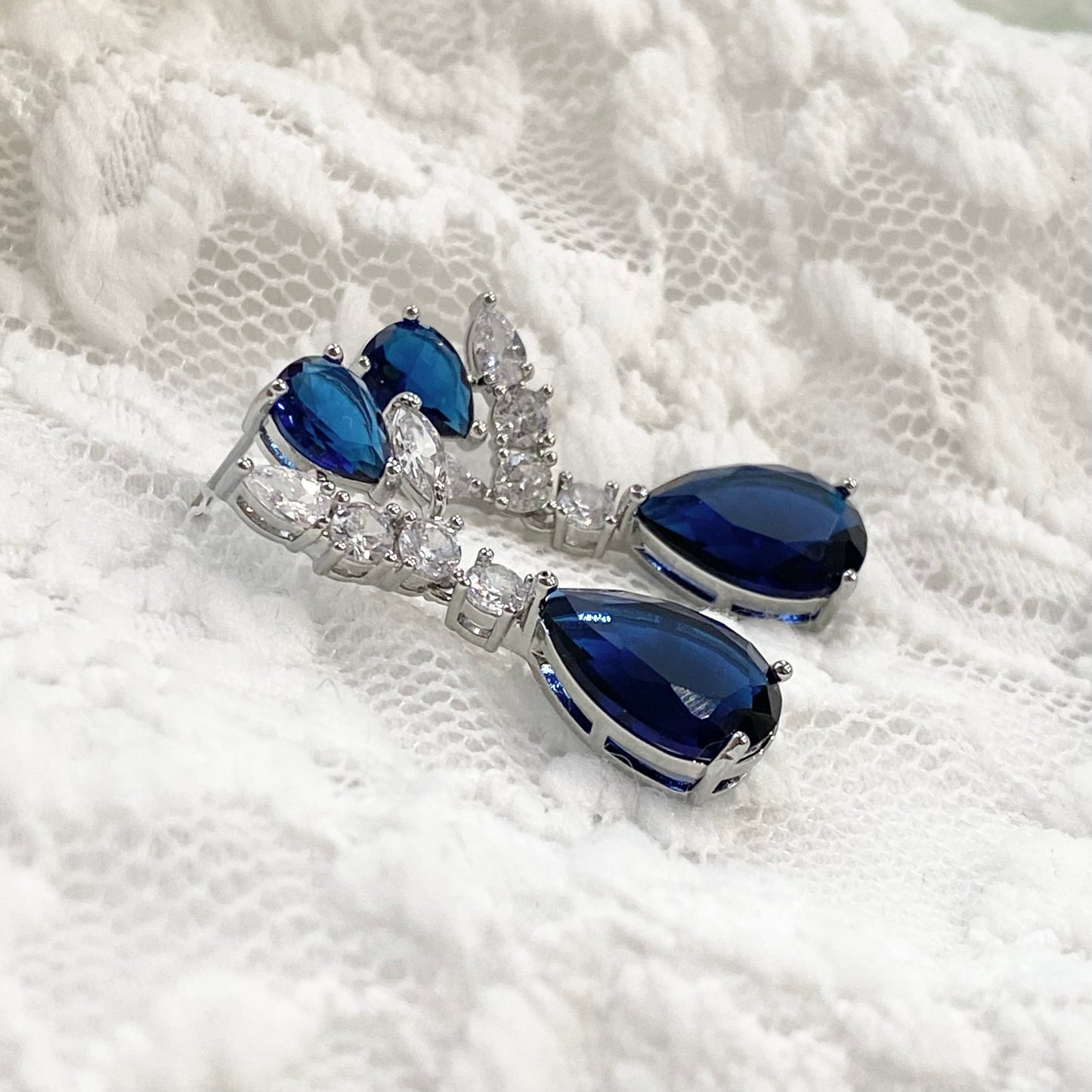 Wedding Bridal Something Blue CZ Floral Earrings