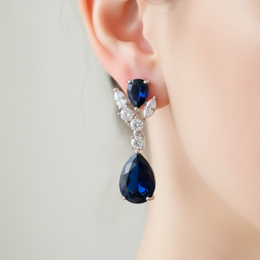 Wedding Bridal Something Blue CZ Floral Earrings