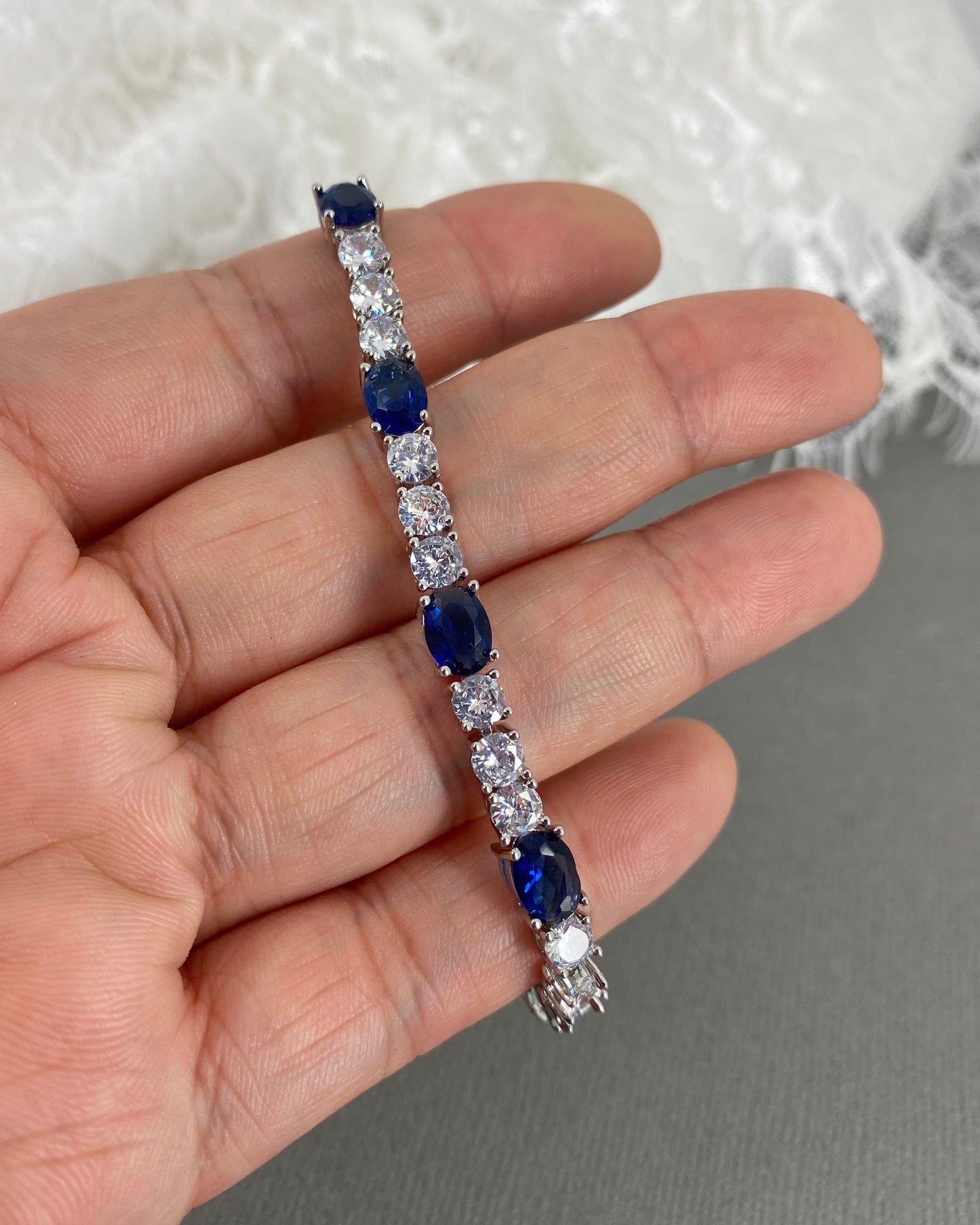 Wedding Bridal Cubic Sapphire Blue Adjustable Bracelet