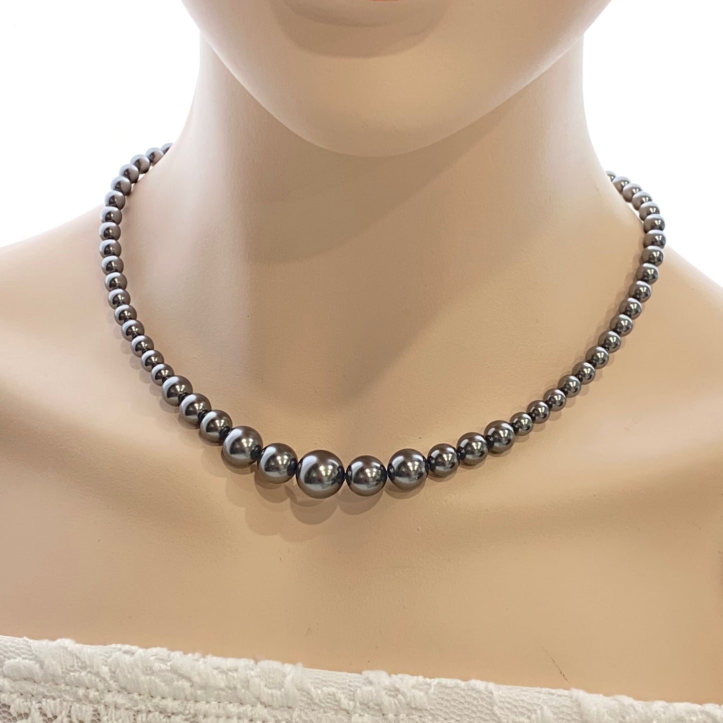 Wedding Bridal Dark Grey Austrian Crystal Pearl Gradual Necklace