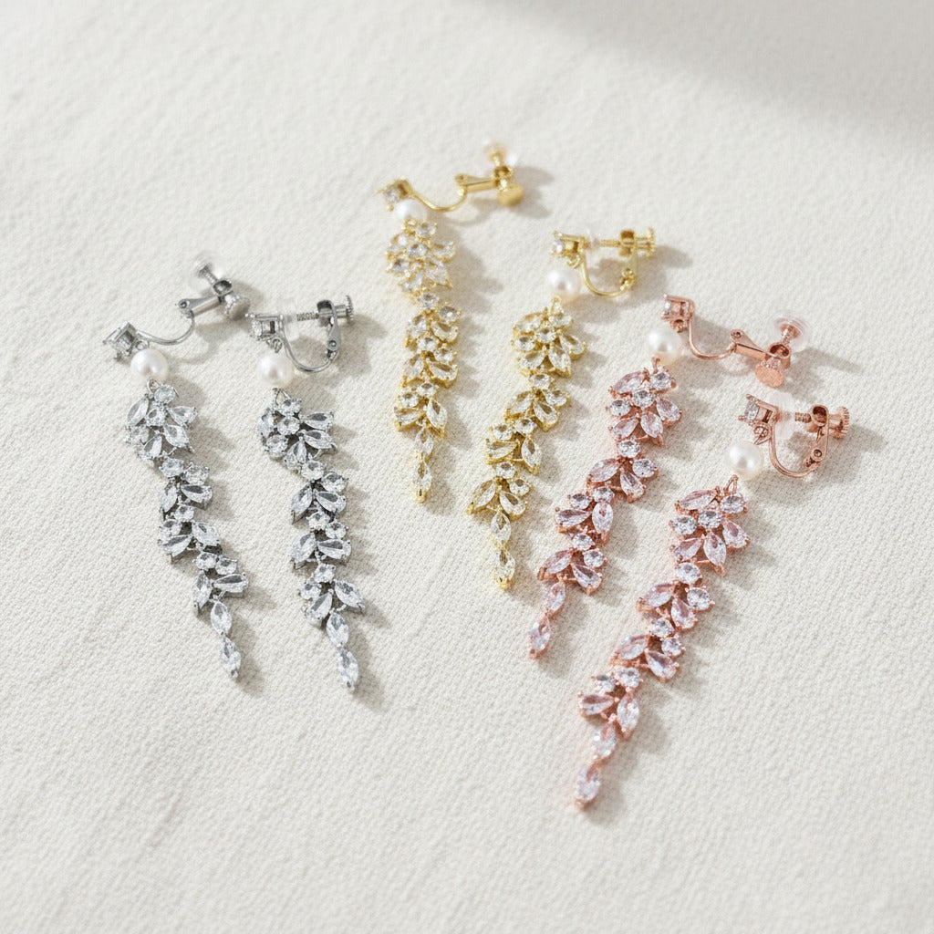 Pearl Crystal Leaf Drop Clip on Earrings