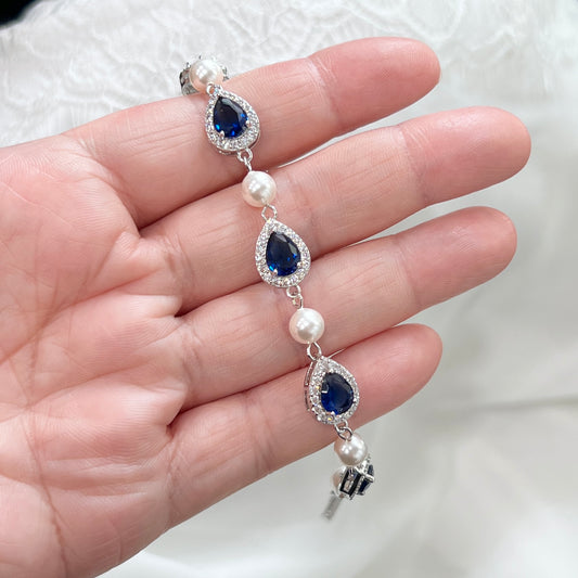 Wedding Silver Wedding Sapphire Blue Teardrop Crystal and Pearl Bracelet