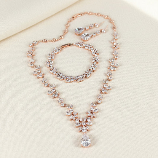Wedding Bridal 3pcs Rose Gold Plated CZ Jewelry Set
