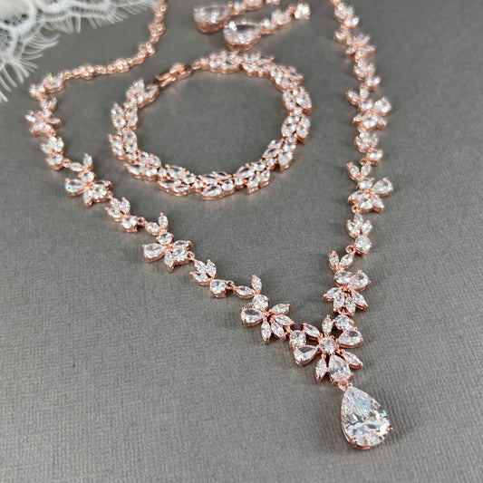 Wedding Bridal 3pcs Rose Gold Plated CZ Jewelry Set