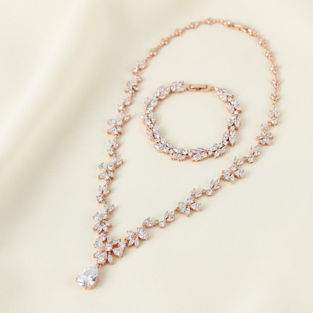 Wedding Bridal 3pcs Rose Gold Plated CZ Jewelry Set
