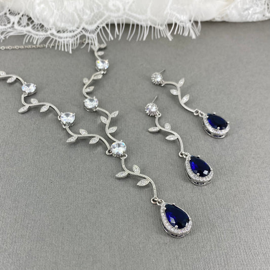 Wedding Bridal 2pcs CZ Floral Something Blue Necklace and Earrings Set