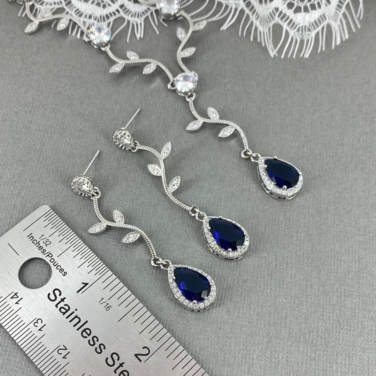 Wedding Bridal 2pcs CZ Floral Something Blue Necklace and Earrings Set