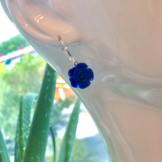 Royal Blue Rose Flower Dangle Drop Earrings