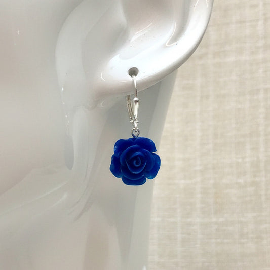 Royal Blue Rose Flower Dangle Drop Earrings