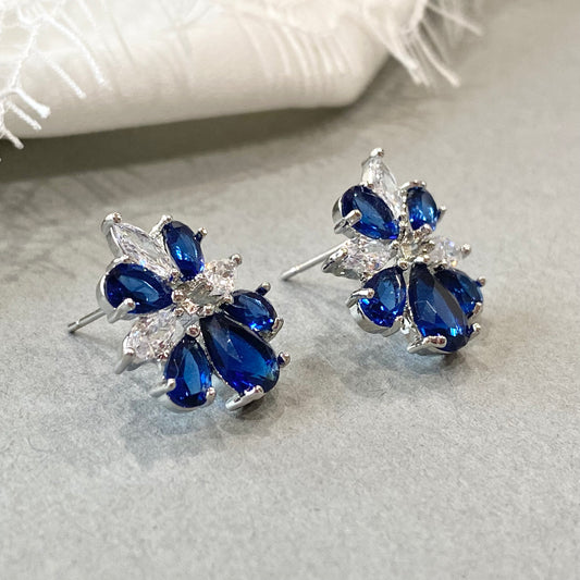 Wedding Bridal Something Blue CZ Floral Earrings