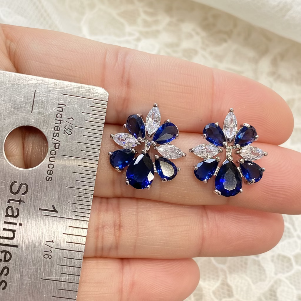 Wedding Bridal Something Blue CZ Floral Earrings