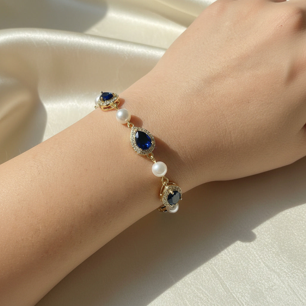 Bracelet en forme de larme bleu saphir plaqué or blanc Coco CZ