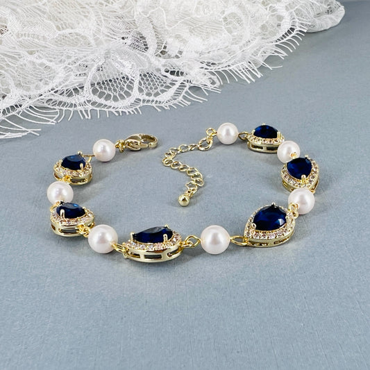 Bridal 18K Gold Plated Wedding Sapphire Blue Teardrop Crystal Bracelet